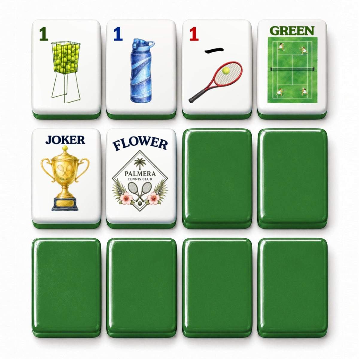 Tennis mahjong tile faces beside green tile backs: 1 Bam, 1 Dot, 1 Crak, Green dragon, Joker and Flower