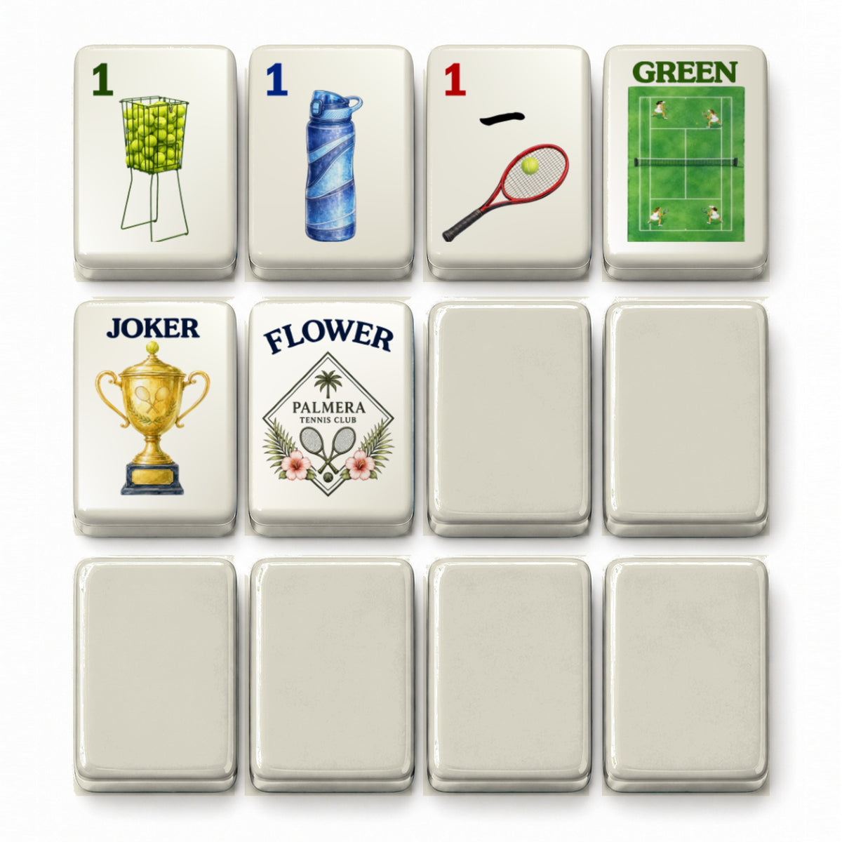 Tennis mahjong tile faces beside ivory white tile backs: 1 Bam, 1 Dot, 1 Crak, Green dragon, Joker and Flower