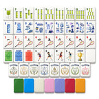 Tennis mahjong tiles: gear Dots, ball-can Bams, racket Craks, dragons, winds, Joker, Flowers, 7 back colors. Digital mockup.