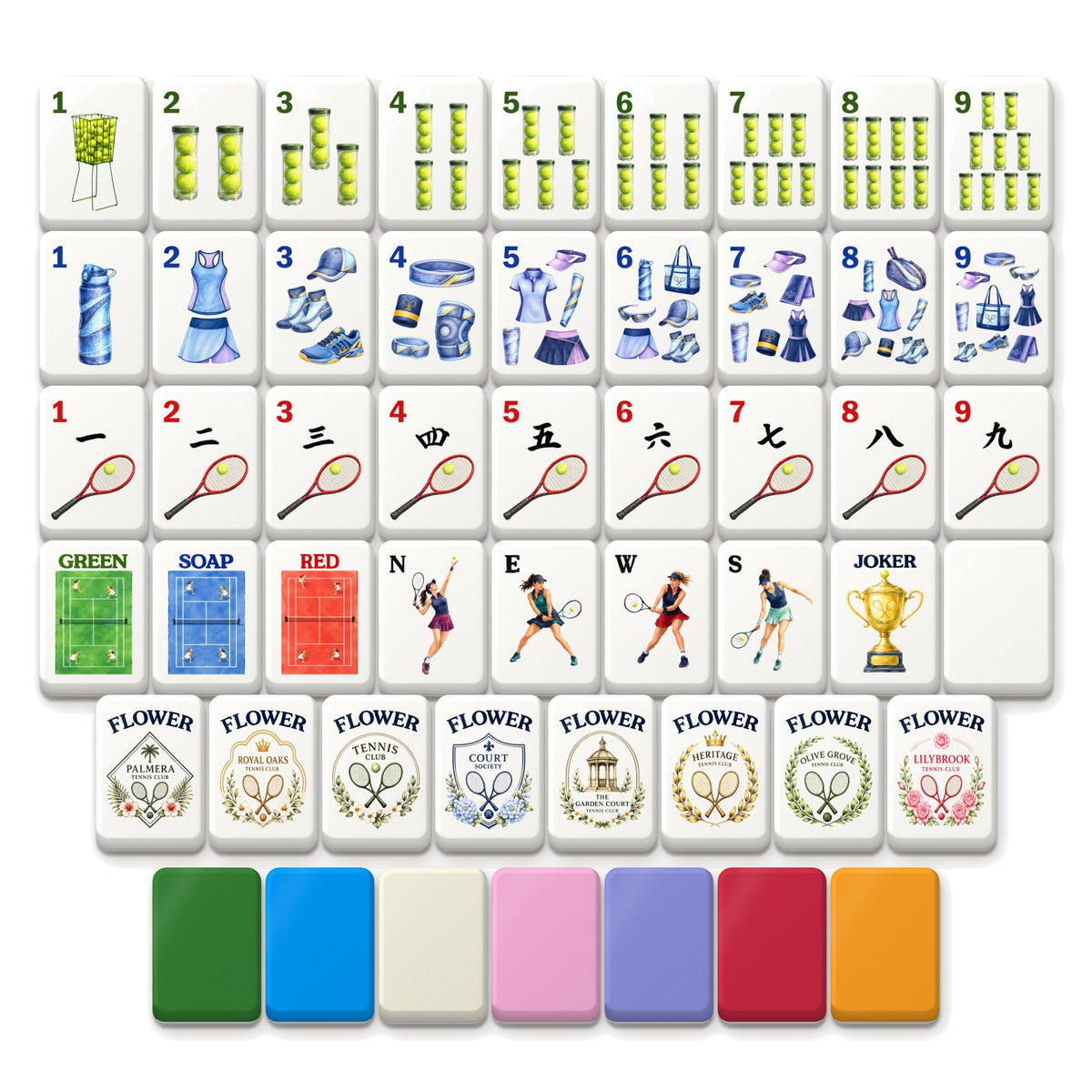 Tennis mahjong tiles: gear Dots, ball-can Bams, racket Craks, dragons, winds, Joker, Flowers, 7 back colors. Digital mockup.