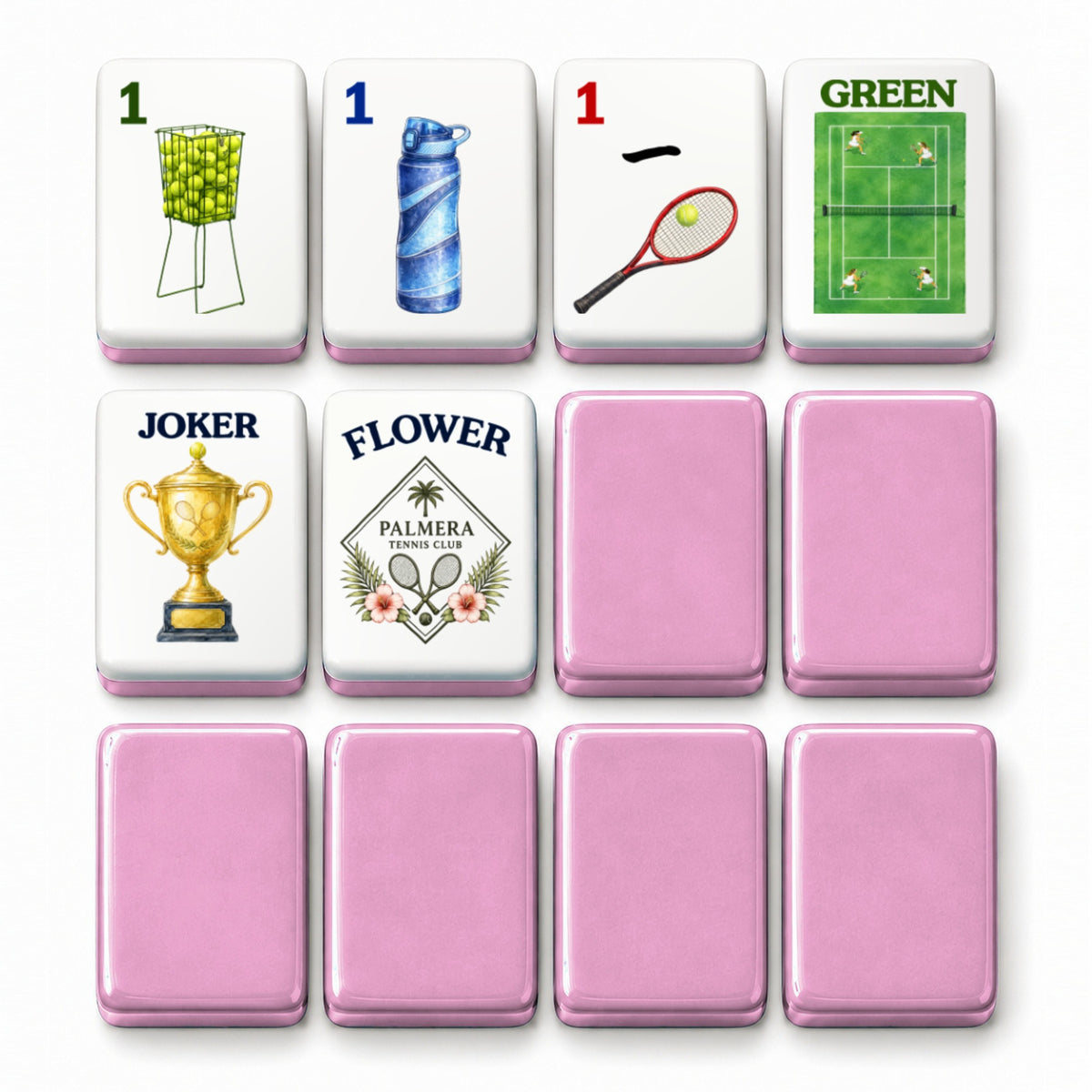 Tennis mahjong tile faces beside pink tile backs: 1 Bam, 1 Dot, 1 Crak, Green dragon, Joker and Flower