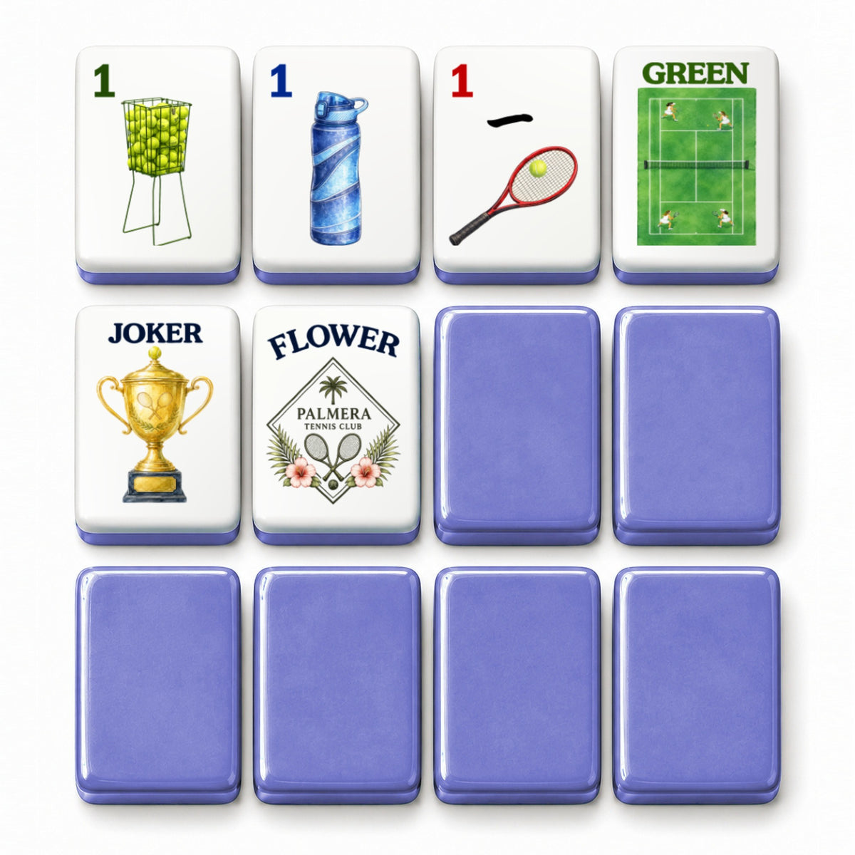 Tennis mahjong tile faces beside purple tile backs: 1 Bam, 1 Dot, 1 Crak, Green dragon, Joker and Flower
