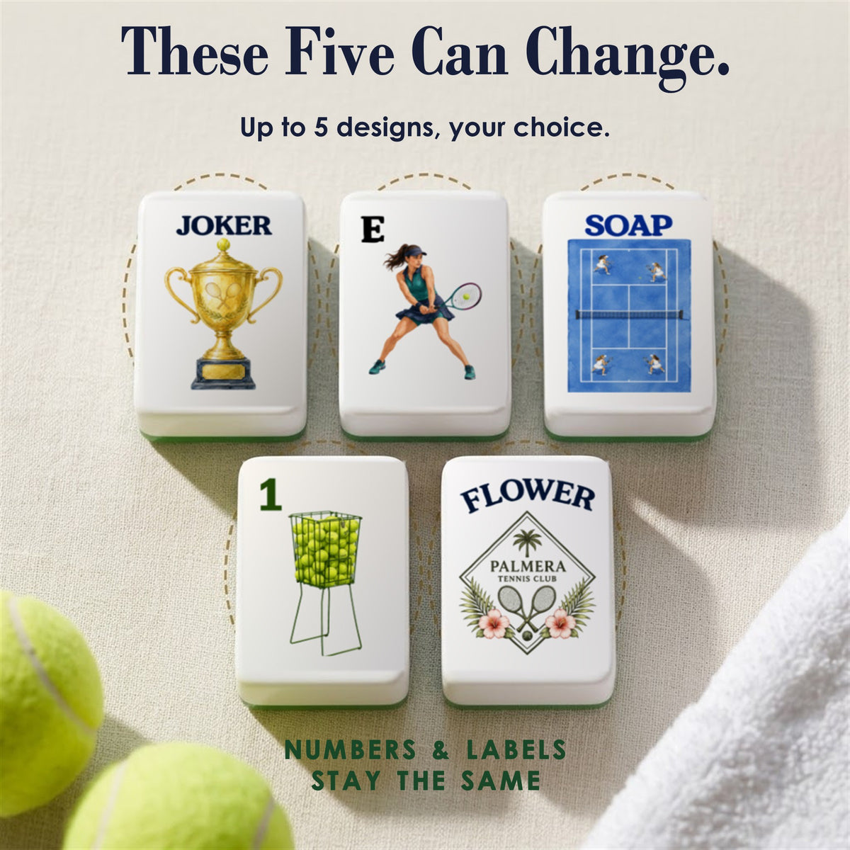 Five customizable Tennis tiles circled: trophy Joker, player E, blue court SOAP, ball basket 1 Bam, crest Flower