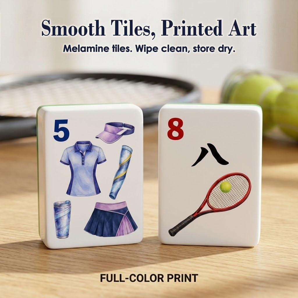 Close-up of a tennis-gear 5 Dot and a racket 8 Crak tile with smooth surface and full-color printed art