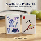 Close-up of a tennis-gear 5 Dot and a racket 8 Crak tile with smooth surface and full-color printed art