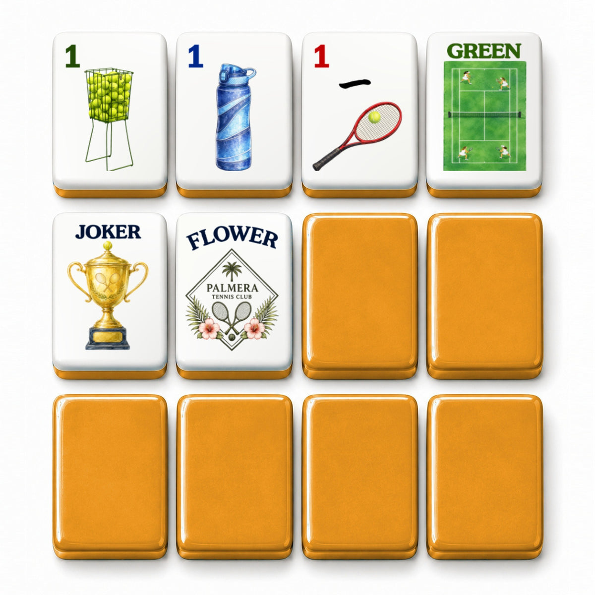 Tennis mahjong tile faces beside amber yellow tile backs: 1 Bam, 1 Dot, 1 Crak, Green dragon, Joker and Flower