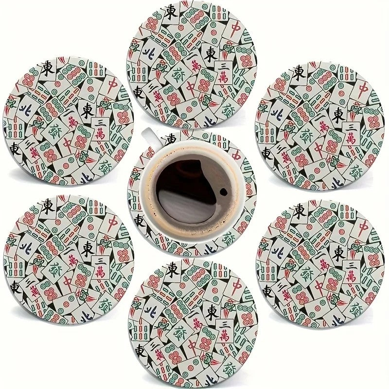Round wooden coasters printed with mahjong tiles around a cup of coffee