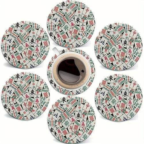 Round wooden coasters printed with mahjong tiles around a cup of coffee