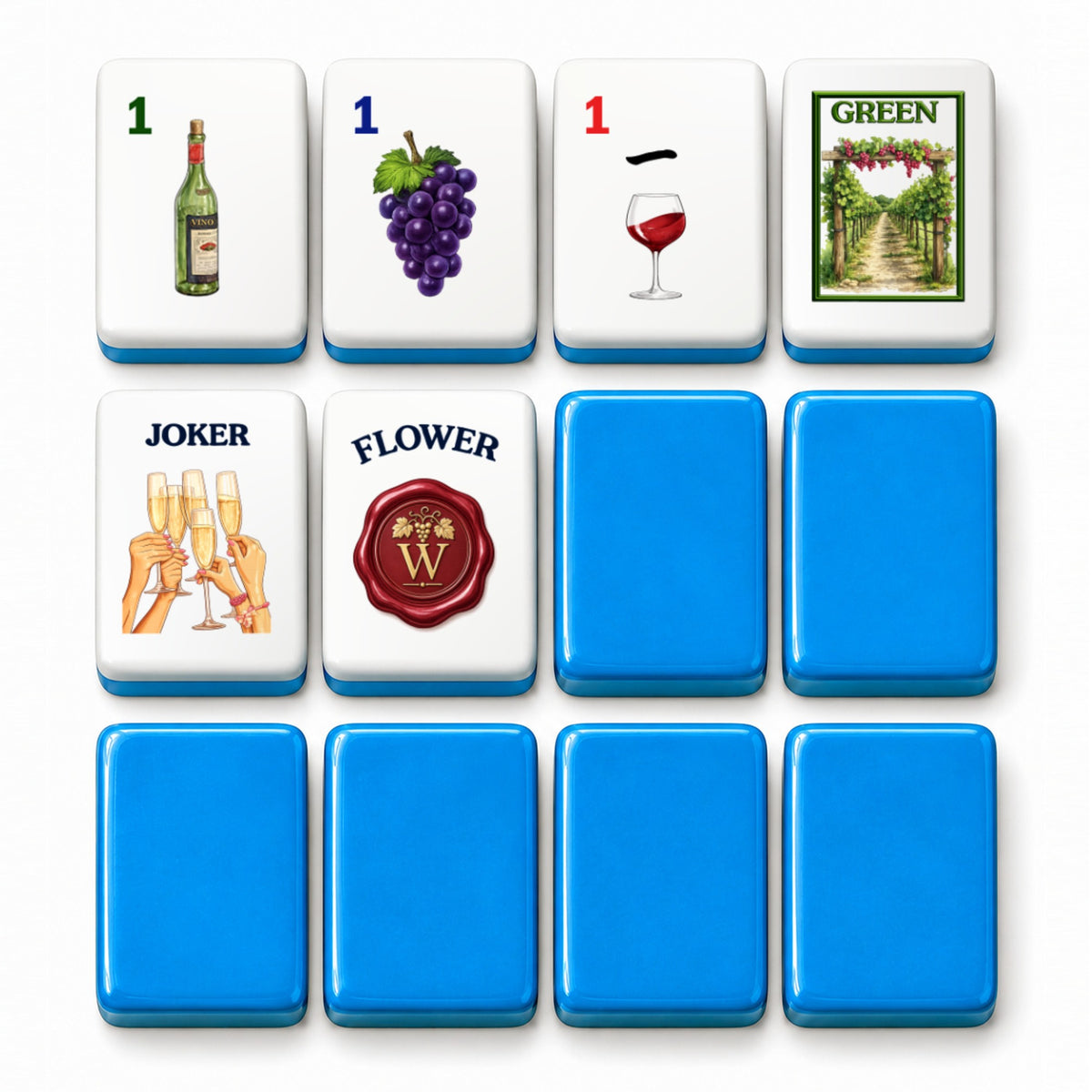 Wine mahjong tile faces beside blue tile backs: 1 Bam, 1 Dot, 1 Crak, Green dragon, Joker and Flower