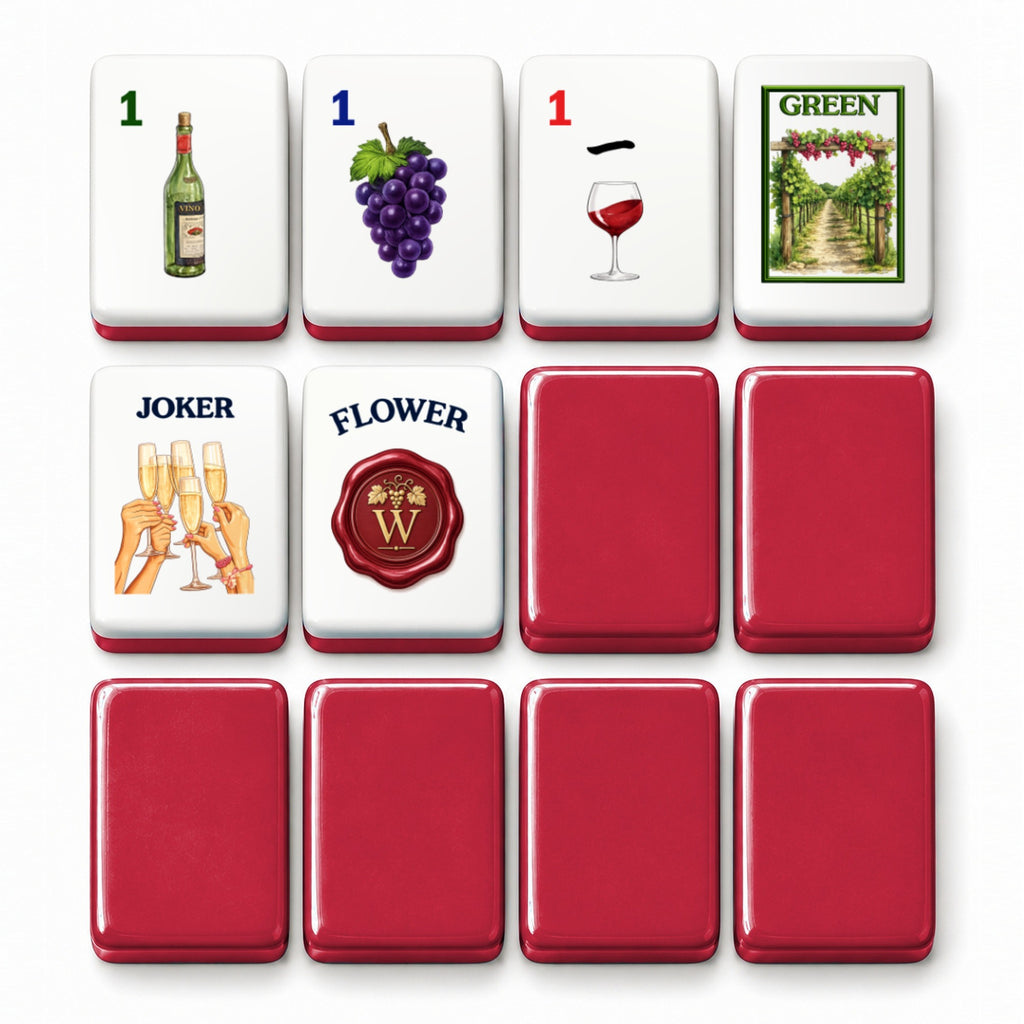Wine mahjong tile faces beside deep red tile backs: 1 Bam, 1 Dot, 1 Crak, Green dragon, Joker and Flower