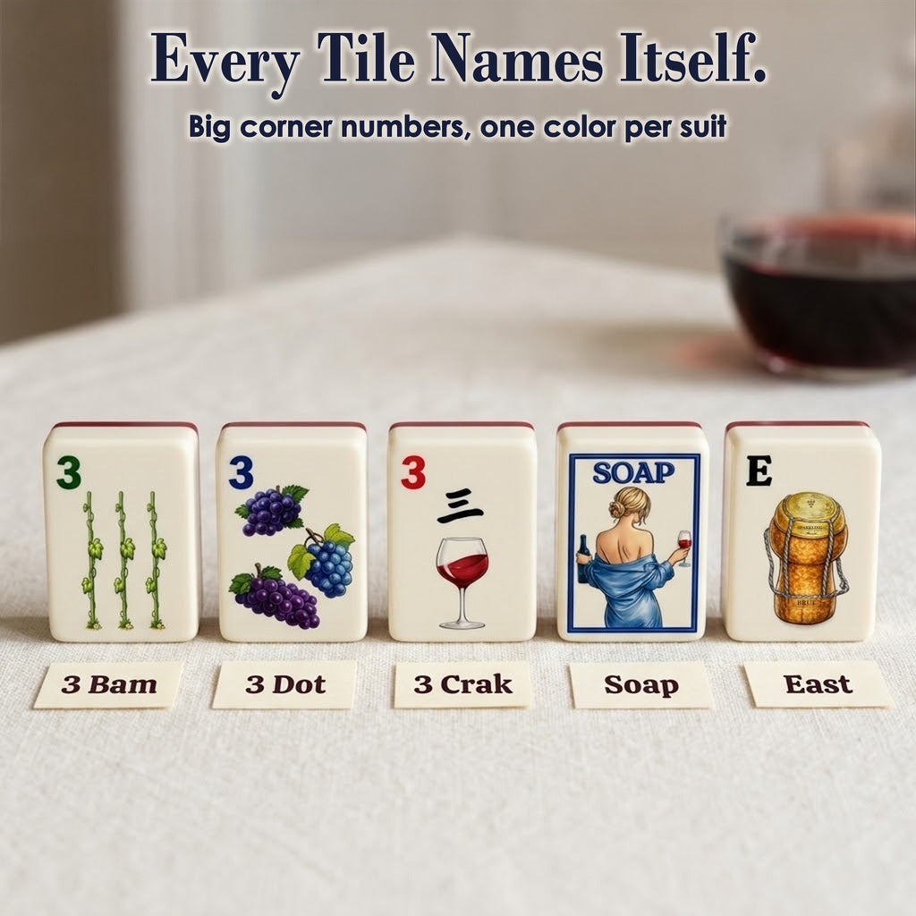 Wine mahjong tiles with corner numbers: green 3 Bam, blue 3 Dot, red 3 Crak, wine lady SOAP, cork East wind