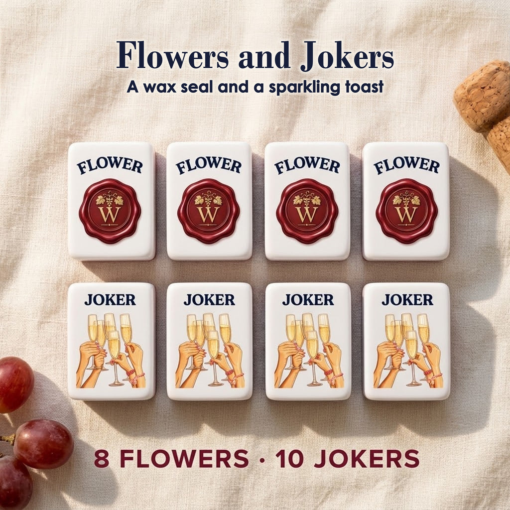 Four red wax seal Flower tiles with a gold W above four Joker tiles of hands raising sparkling wine flutes