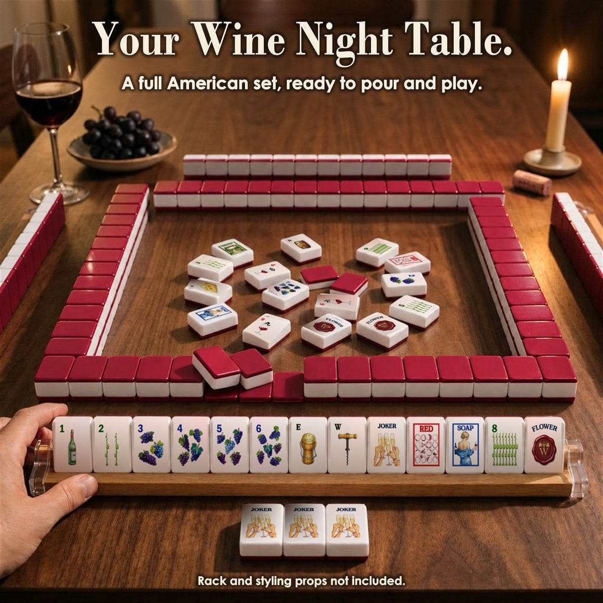 Wine mahjong game on a wood table: deep-red-backed tile walls, face-up tiles in the center, a rack of 13 tiles, three Jokers