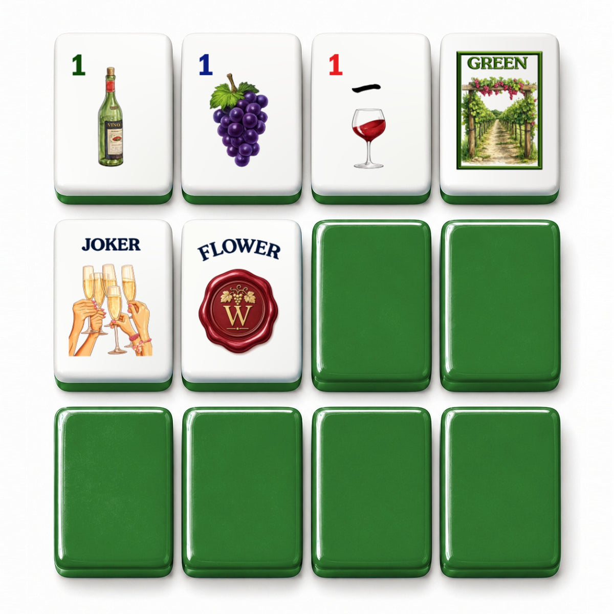 Wine mahjong tile faces beside green tile backs: 1 Bam, 1 Dot, 1 Crak, Green dragon, Joker and Flower