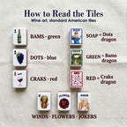 Key chart for Wine mahjong: green Bams, blue Dots, red Craks, Soap, Green and Red dragons, E wind, Flower, Joker