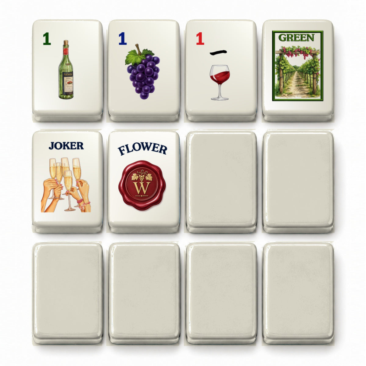 Wine mahjong tile faces beside ivory white tile backs: 1 Bam, 1 Dot, 1 Crak, Green dragon, Joker and Flower