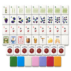 Wine mahjong tiles: grape Dots, vine Bams, wine-glass Craks, dragons, winds, Joker, Flowers, 7 back colors. Digital mockup.