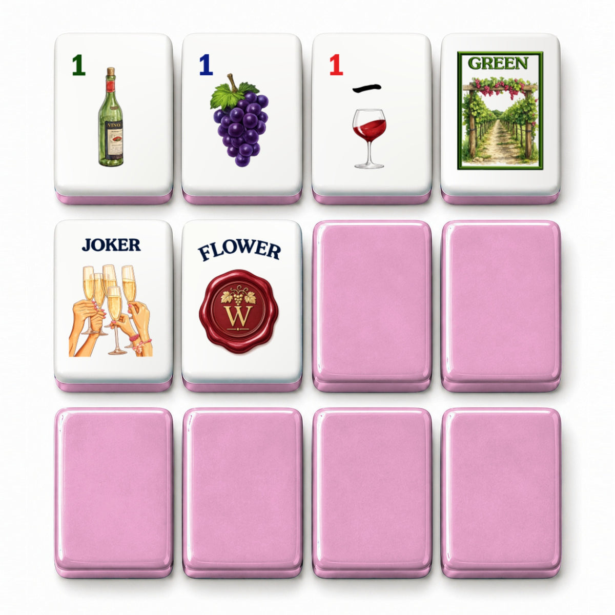 Wine mahjong tile faces beside pink tile backs: 1 Bam, 1 Dot, 1 Crak, Green dragon, Joker and Flower