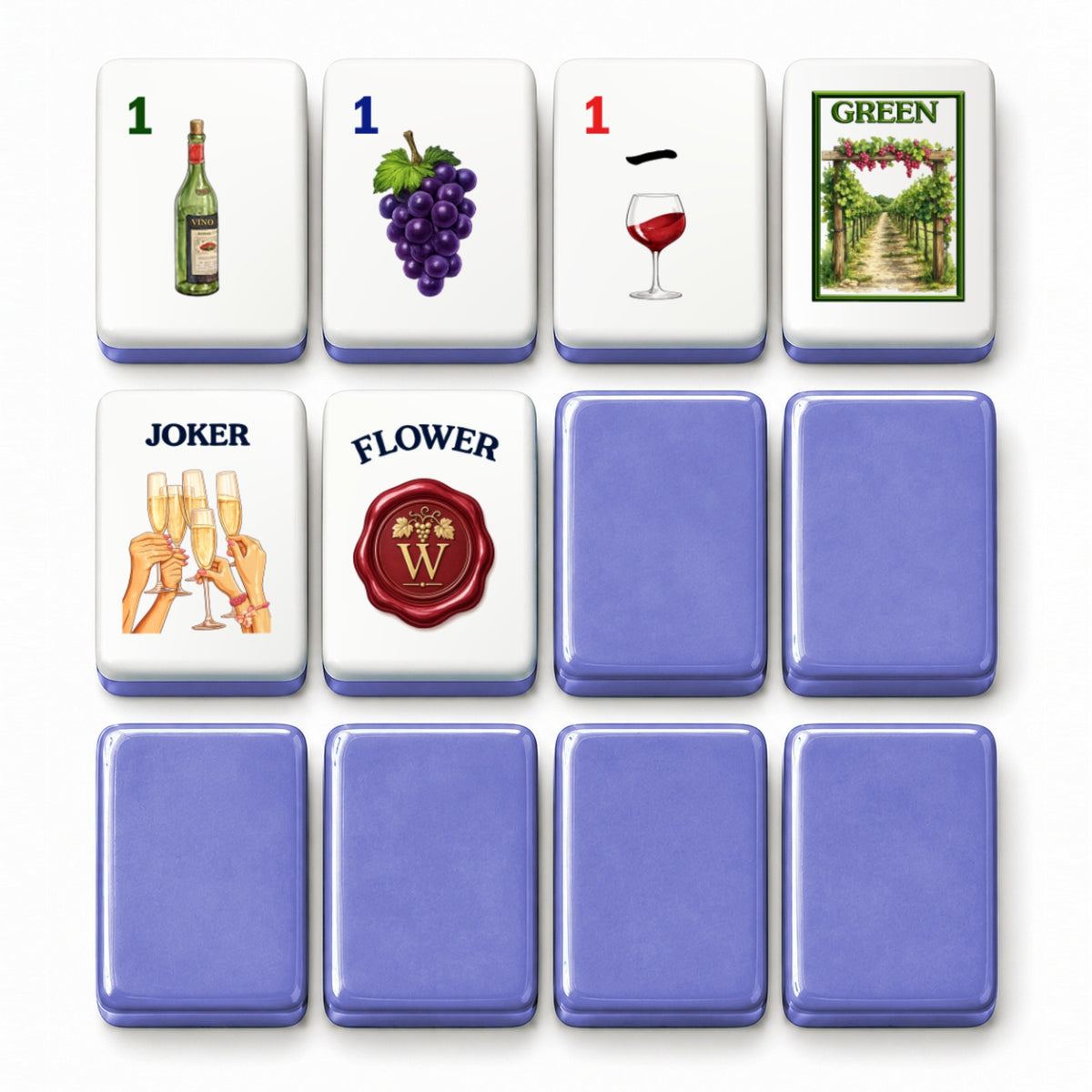 Wine mahjong tile faces beside purple tile backs: 1 Bam, 1 Dot, 1 Crak, Green dragon, Joker and Flower