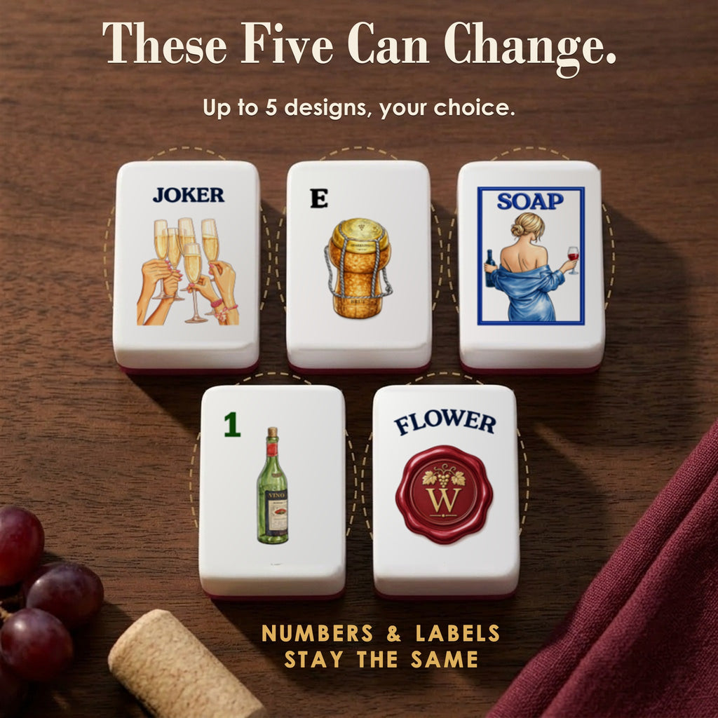 Five customizable Wine tiles circled: toast Joker, cork E, wine lady SOAP, bottle 1 Bam, wax seal Flower