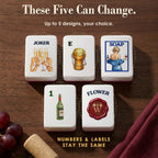 Five customizable Wine tiles circled: toast Joker, cork E, wine lady SOAP, bottle 1 Bam, wax seal Flower