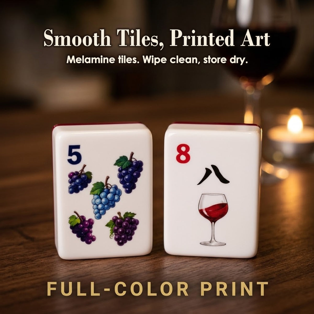 Close-up of a grape 5 Dot and a wine-glass 8 Crak tile with smooth surface and full-color printed art