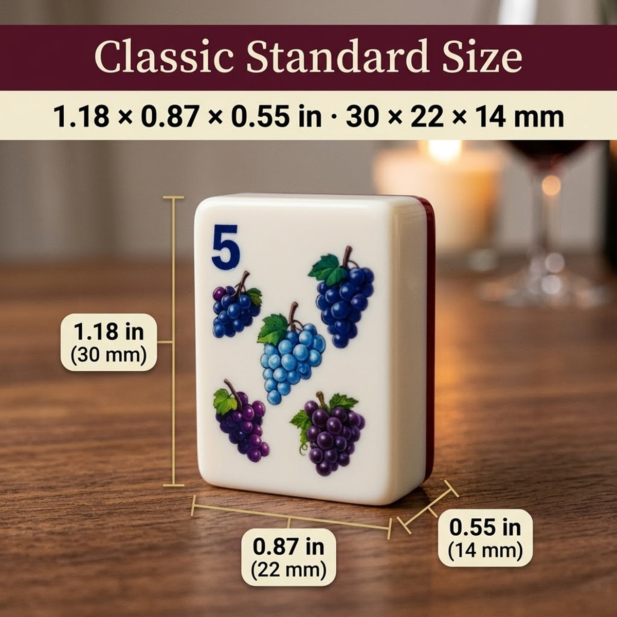 Grape 5 Dot tile with size marks: 1.18 x 0.87 x 0.55 in (30 x 22 x 14 mm)