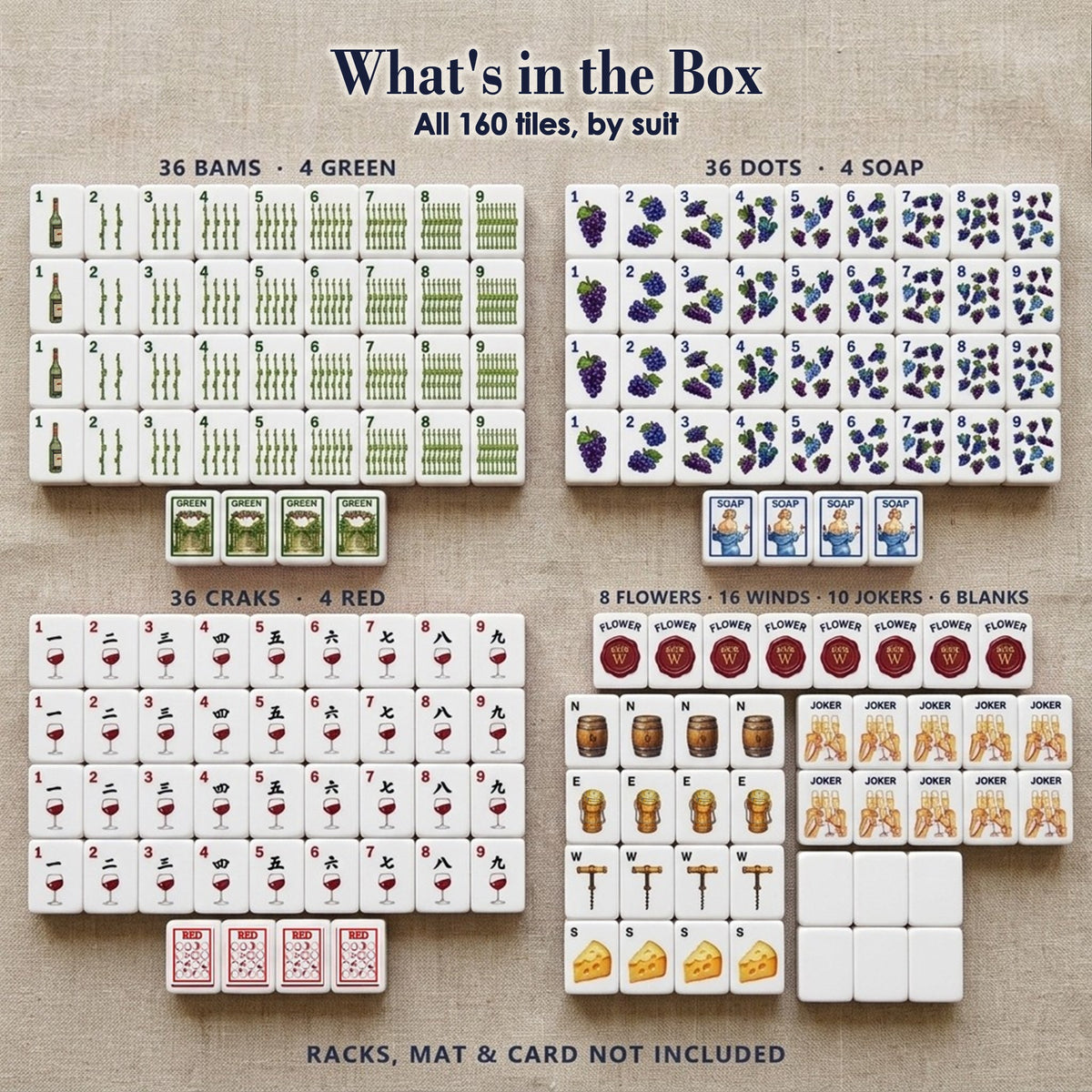 Full 160-tile Wine mahjong set: grape Dots, vine Bams, wine-glass Craks, winds, dragons, flowers, 10 jokers, 6 blanks