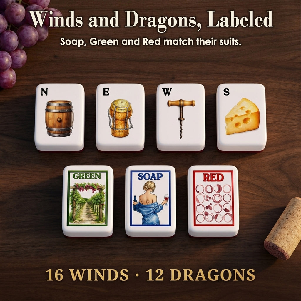 Wine winds and dragons: barrel N, sparkling cork E, corkscrew W, cheese S, vineyard GREEN, wine lady SOAP, wine-ring RED