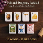 Wine winds and dragons: barrel N, sparkling cork E, corkscrew W, cheese S, vineyard GREEN, wine lady SOAP, wine-ring RED