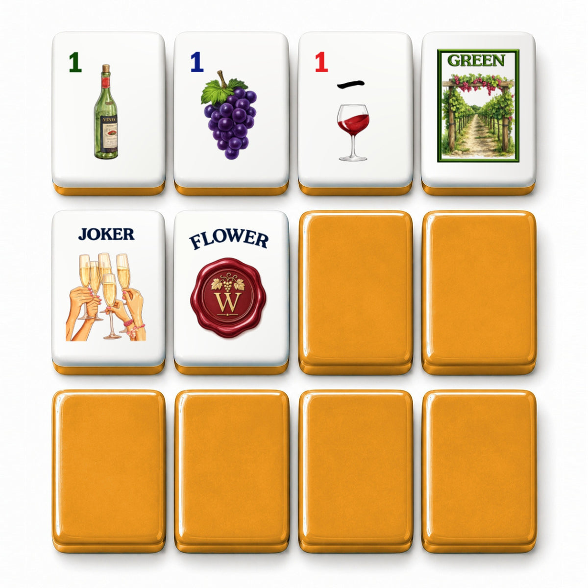 Wine mahjong tile faces beside amber yellow tile backs: 1 Bam, 1 Dot, 1 Crak, Green dragon, Joker and Flower
