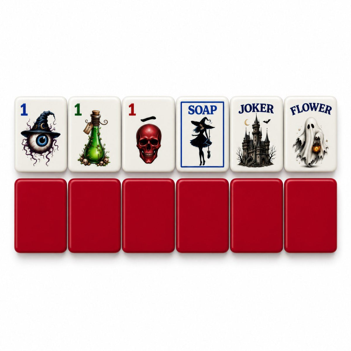 Gothic Halloween mahjong tiles 1 Dot, 1 Bam, 1 Crak, Soap, Joker and Flower above deep red tile backs