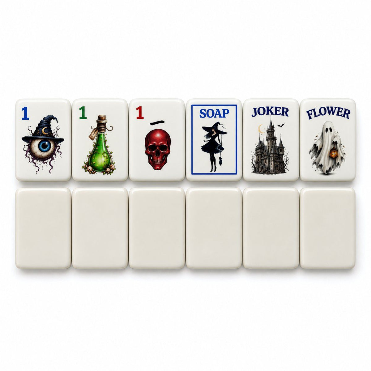 Gothic Halloween mahjong tiles 1 Dot, 1 Bam, 1 Crak, Soap, Joker and Flower above ivory white tile backs