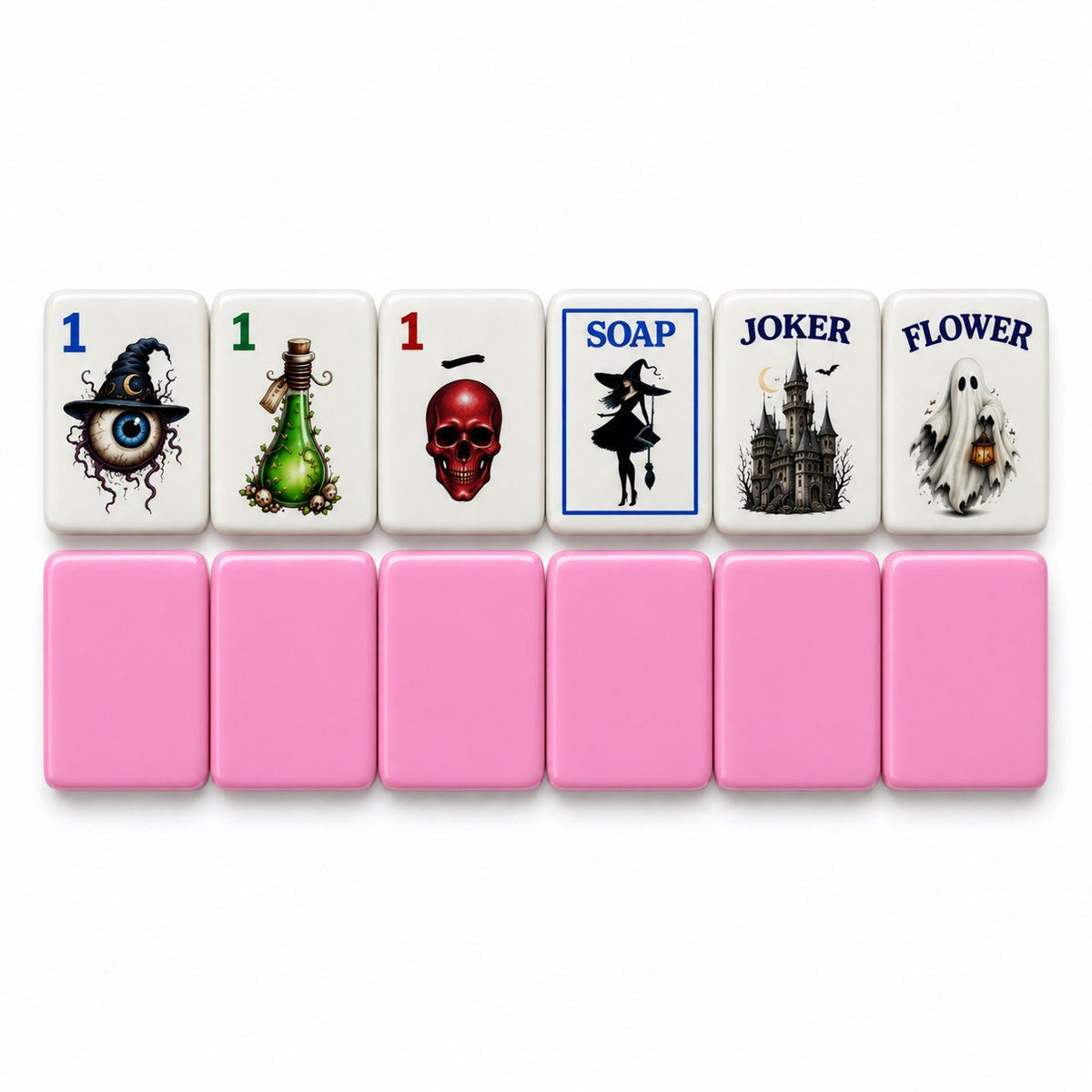 Gothic Halloween mahjong tiles 1 Dot, 1 Bam, 1 Crak, Soap, Joker and Flower above pink tile backs