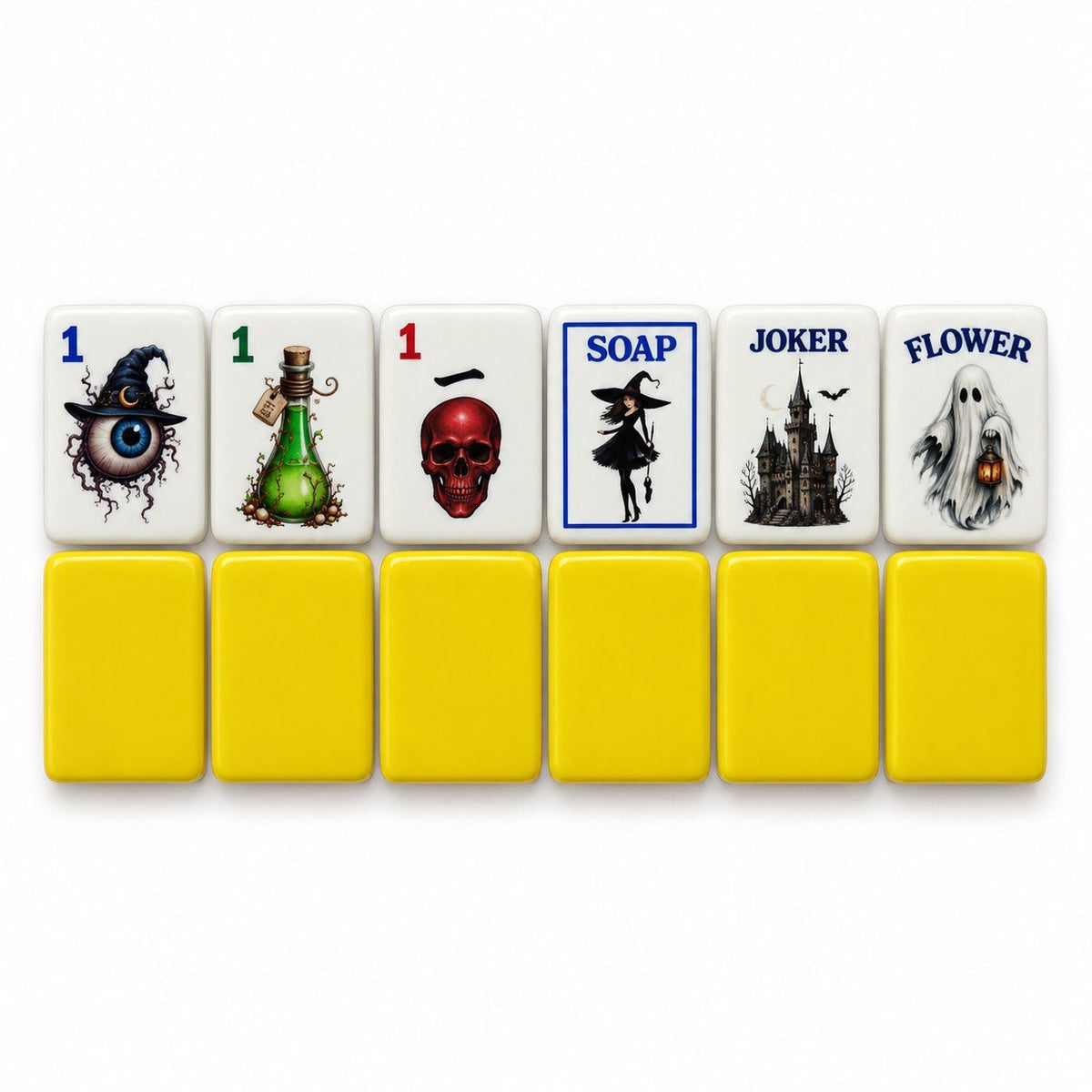 Gothic Halloween mahjong tiles 1 Dot, 1 Bam, 1 Crak, Soap, Joker and Flower above yellow tile backs