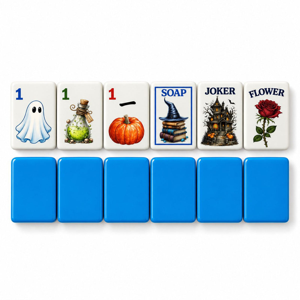 Ghost, potion, pumpkin, Soap, joker and rose tiles face up above six tiles showing the blue back